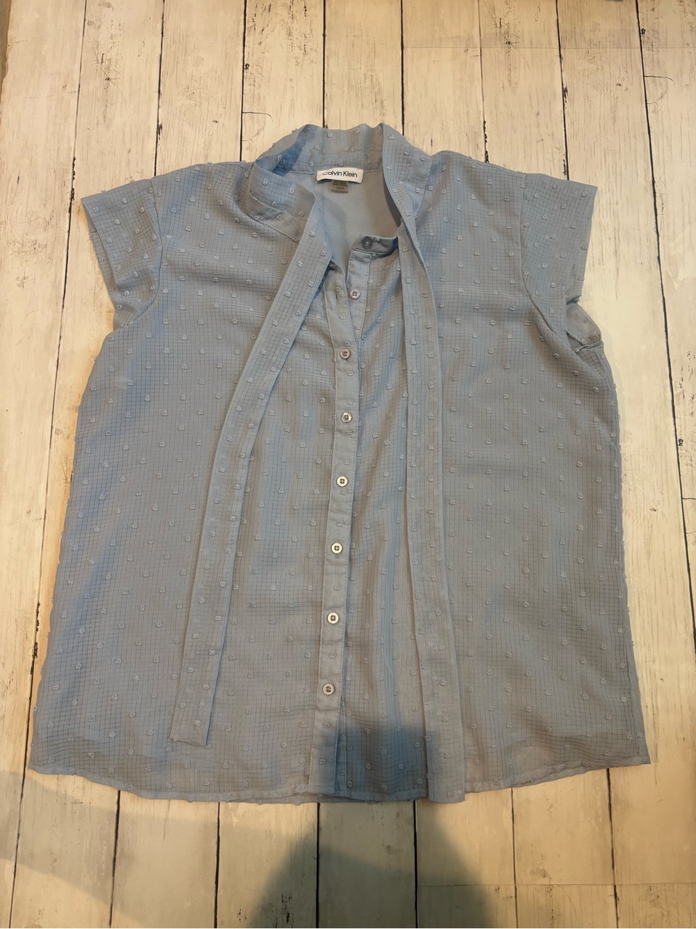 Calvin Klein Powder Blue Tie-Neck Swiss Dot Button-Down Blouse
